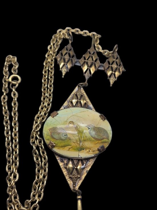 None Jewelry - Antique Victorian Celluloid Quail Bird Pendant Necklace Brass Filigree 22" AS IS